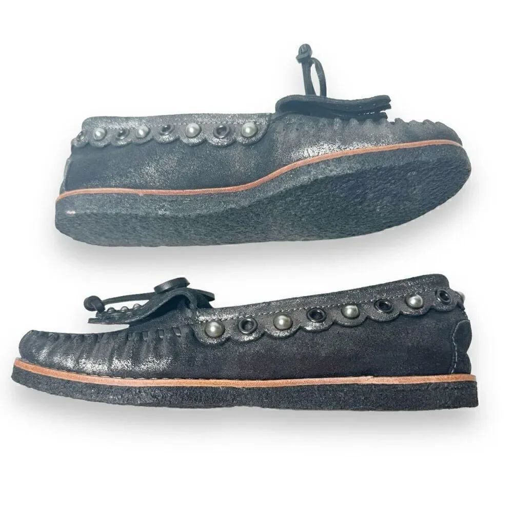 COACH Roccasin Black Metallic Leather Slip On Moccasins Sherpa Flat Loafers Sz 6 - Picture 7 of 10